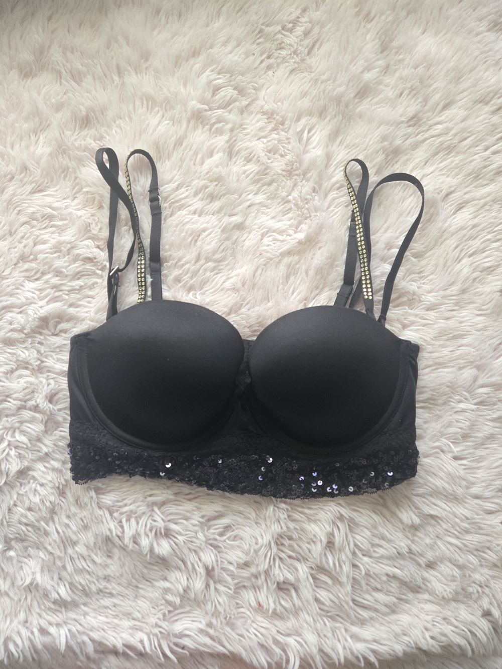 PINK Victoria's Secret Black Sequin Lace Push-Up Bra with Rhinestone Straps